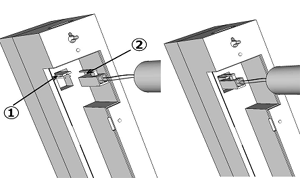 新しいﾘﾁｳﾑ電池を①の茶色の板に②の切りかけを合わせ真っ直ぐに取り付ける